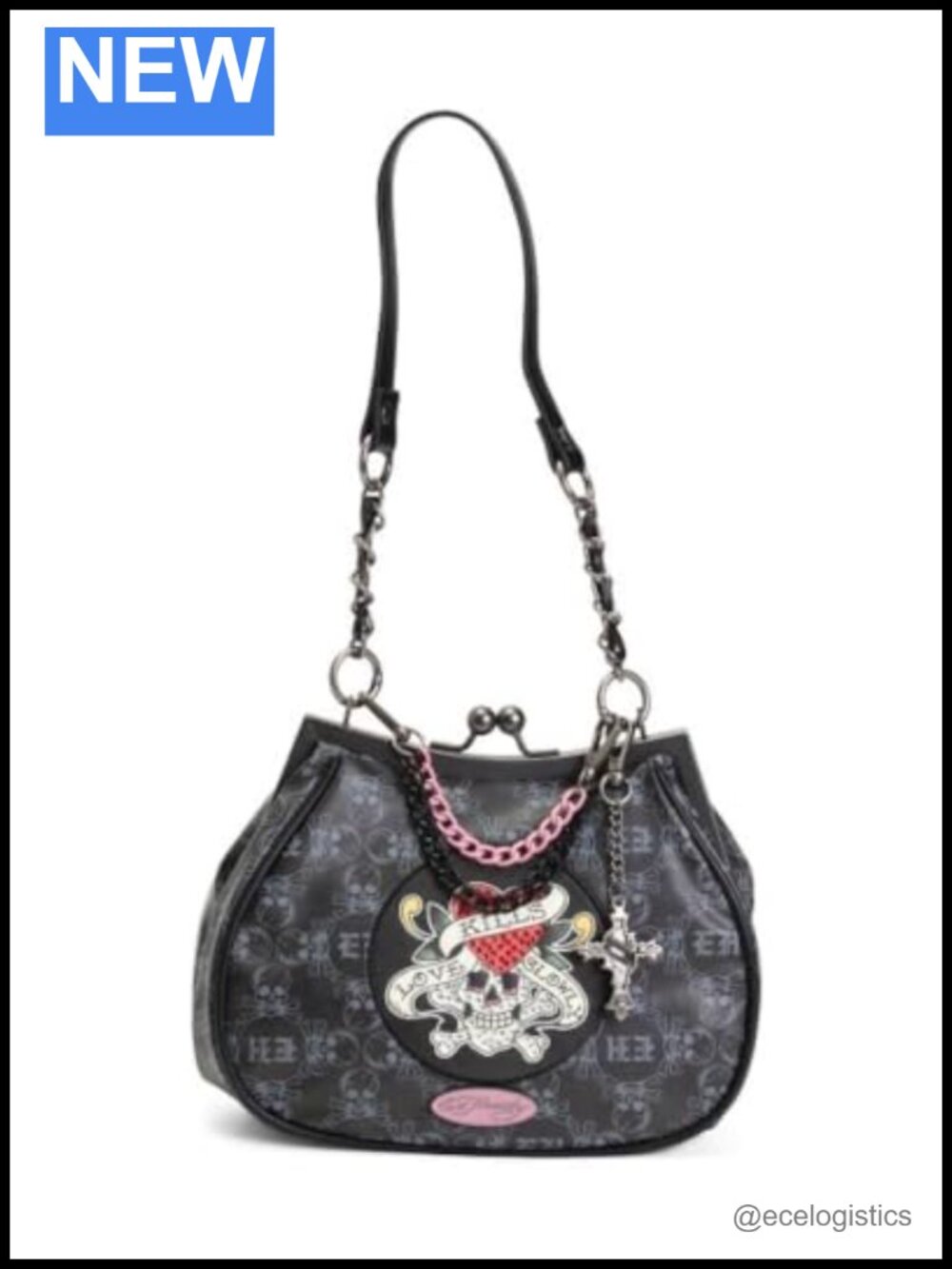 Ed Hardy Satchel Bag with Detachable Chain and Top Handle, 9x7x2 inches